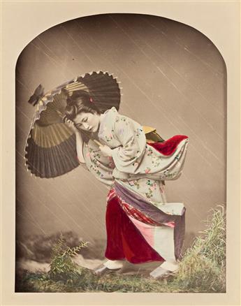 KUSAKABE KIMBEI (1841-1934) Album with 50 hand-colored photographs, including numerous scenes from temples, occupational tableaux, a ta